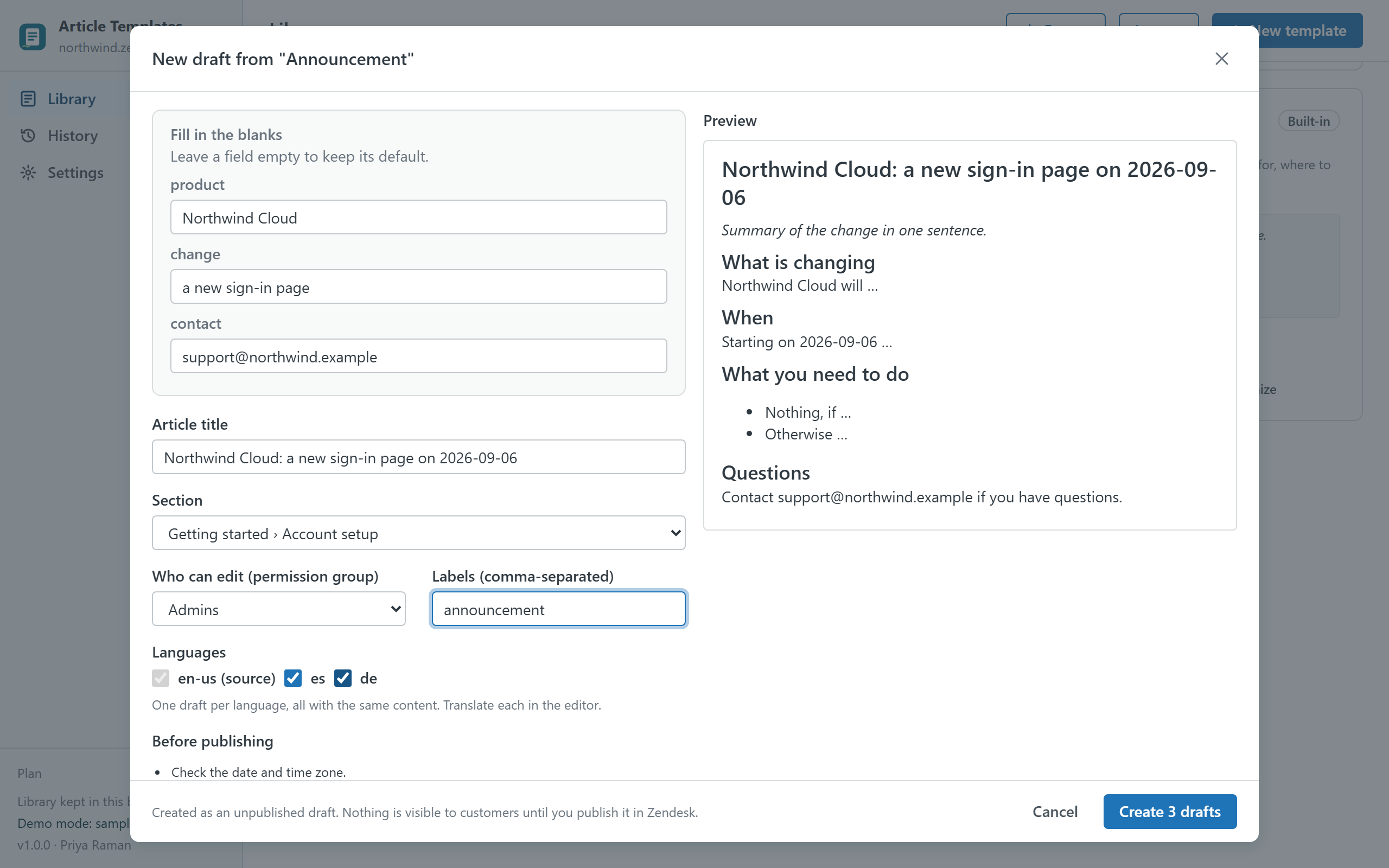 The New draft dialog: fill-in fields, article title, section, permission group, labels and languages on the left, a live preview on the right