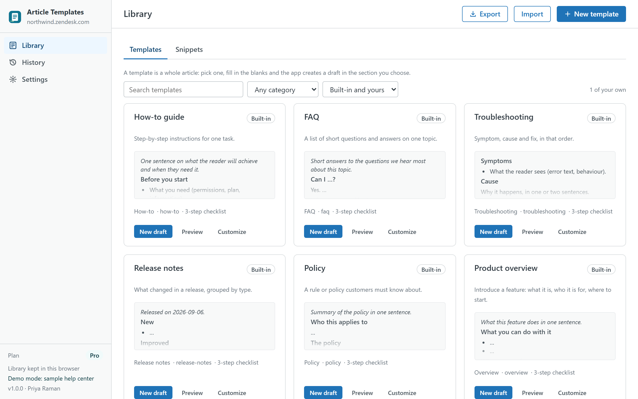 The Library screen: template cards with a preview, category and origin filters, and New draft, Preview and Customize buttons