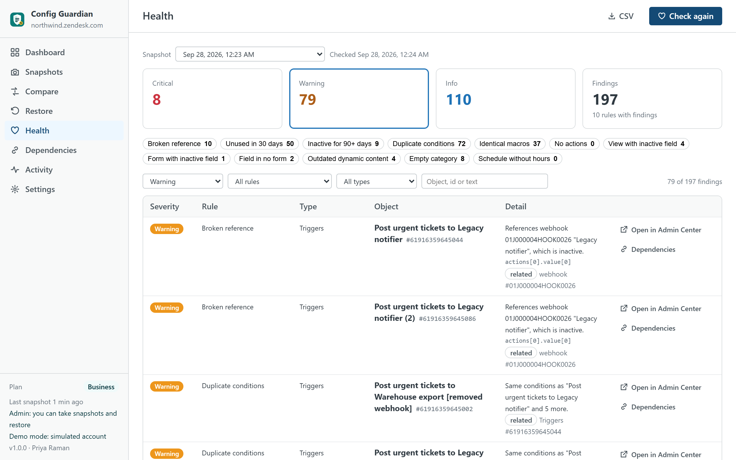 The Health screen: findings filtered to broken references, each with the object, the missing field or group it points at, the severity and a link to Admin Center.