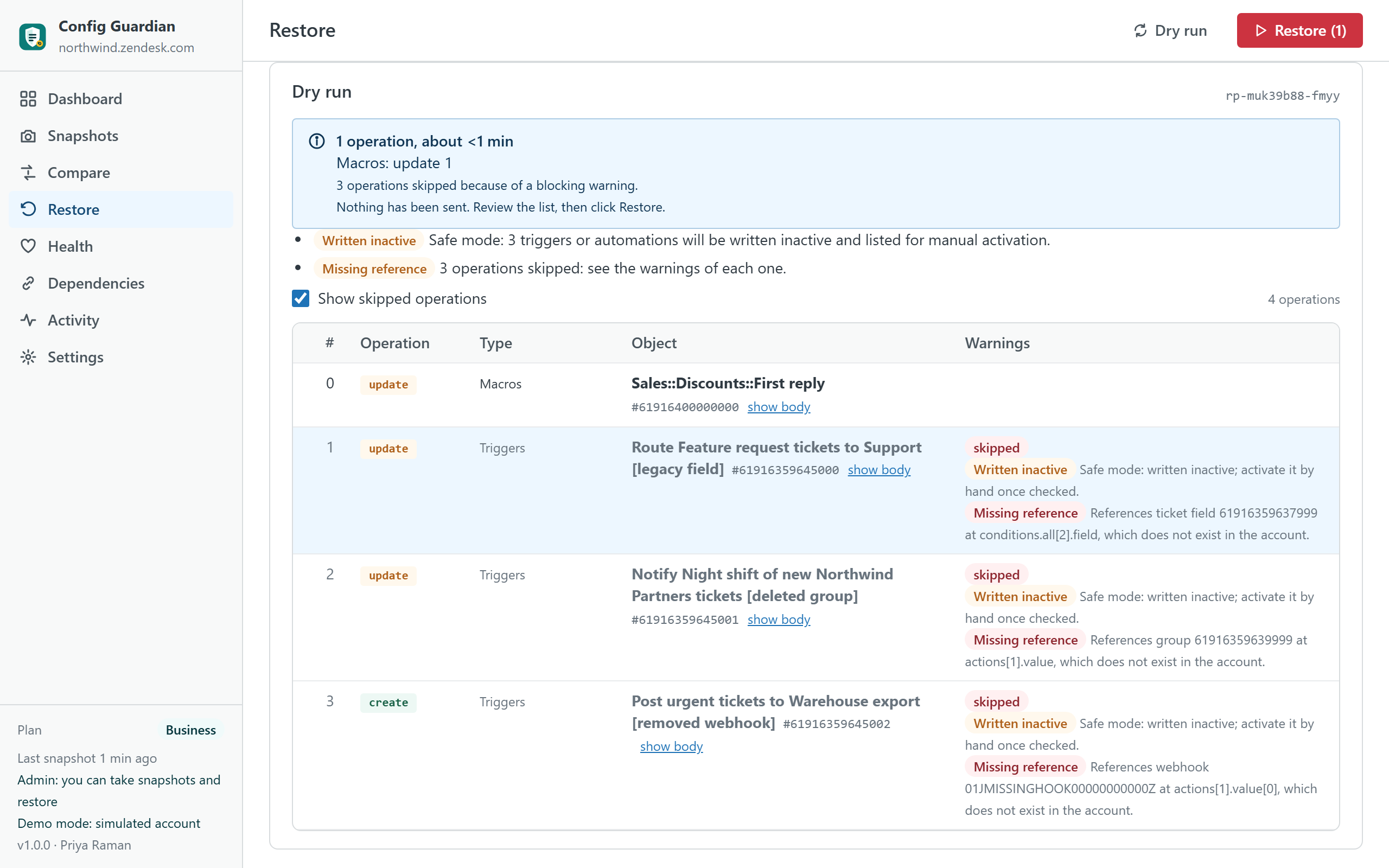 The Restore screen after a simulation: the list of operations grouped by type, two warnings about a missing group and a trigger that will be restored inactive, the typed confirmation box and the pre-restore copy notice.