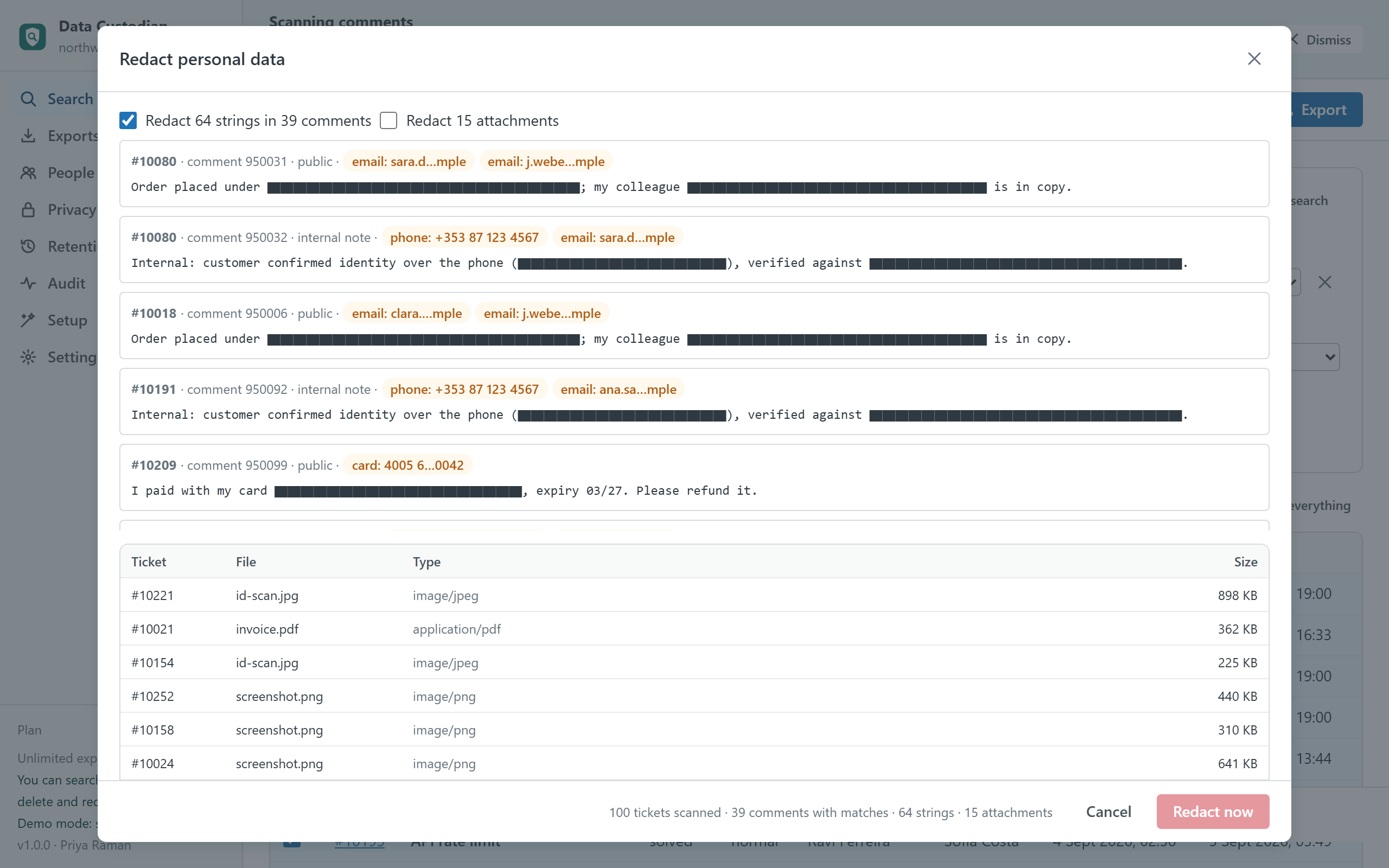 The redaction preview: comments with e-mail addresses, phone numbers and card numbers shown masked, the list of attachments that would be redacted, and the typed confirmation