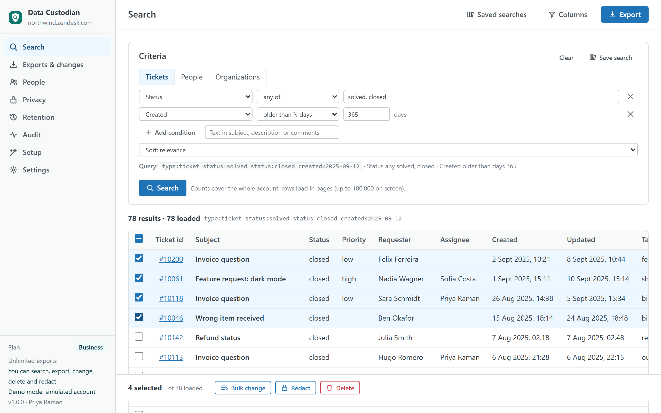 Search results in Data Custodian: criteria on status and age, the exact count for the whole account, a table with resolved requester and assignee names, and a selection with Bulk change, Redact and Delete actions