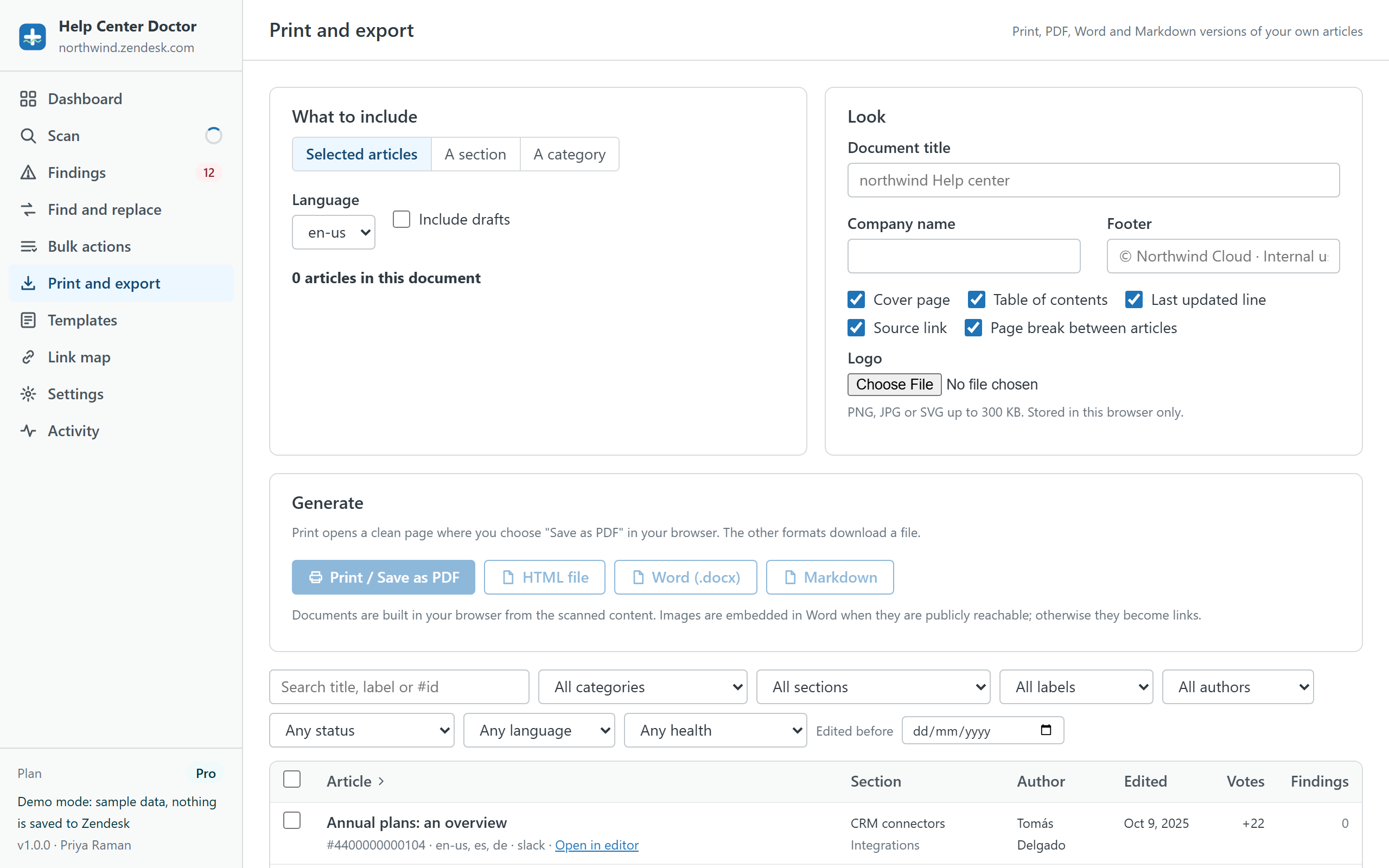 Print and export screen: choose selected articles, a section or a category, set document title, company name, footer, cover page, table of contents, page breaks and logo, then generate Print / Save as PDF, HTML file, Word (.docx) or Markdown