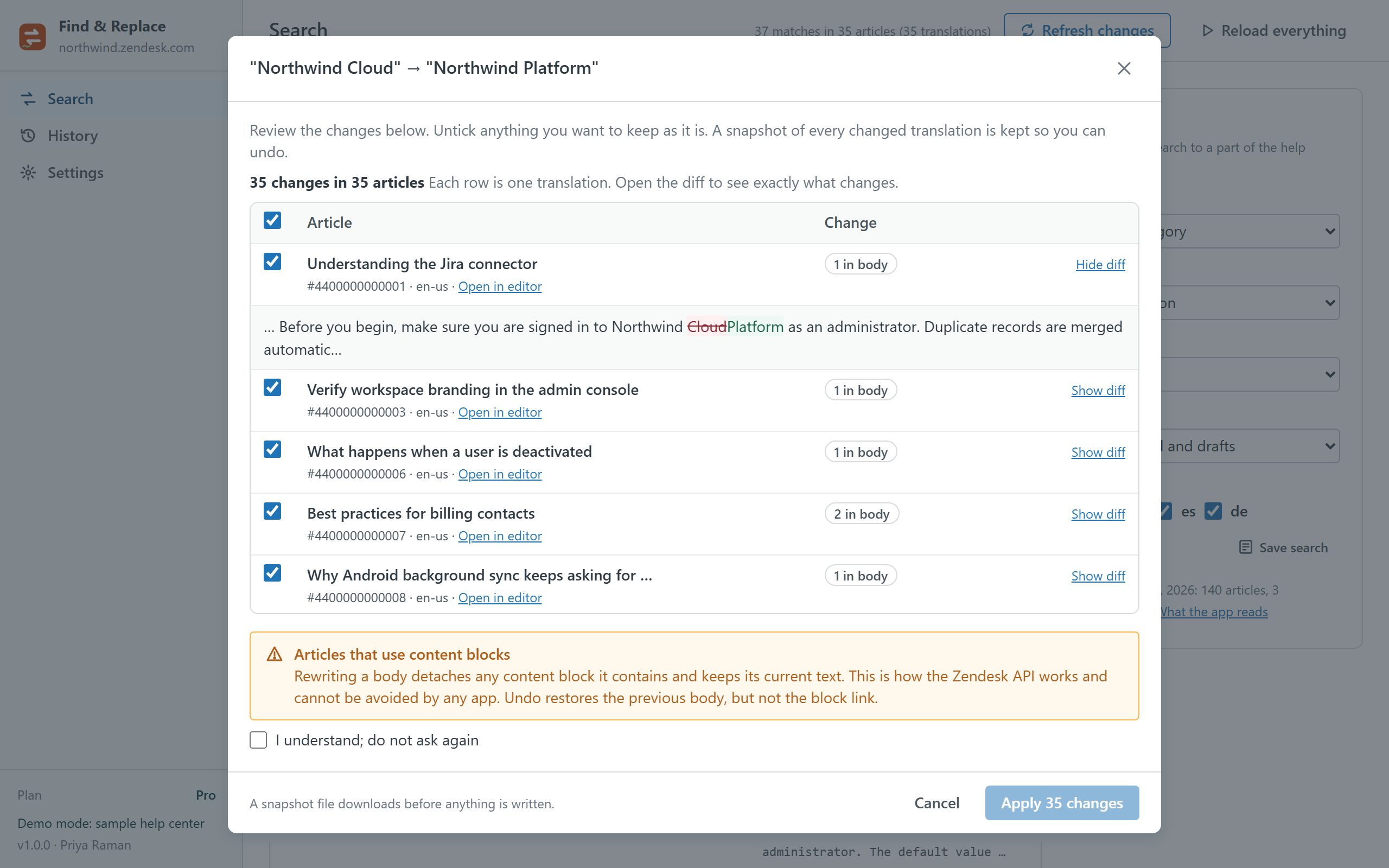 The apply dialog listing each change with a diff, the content-blocks notice and the Apply button