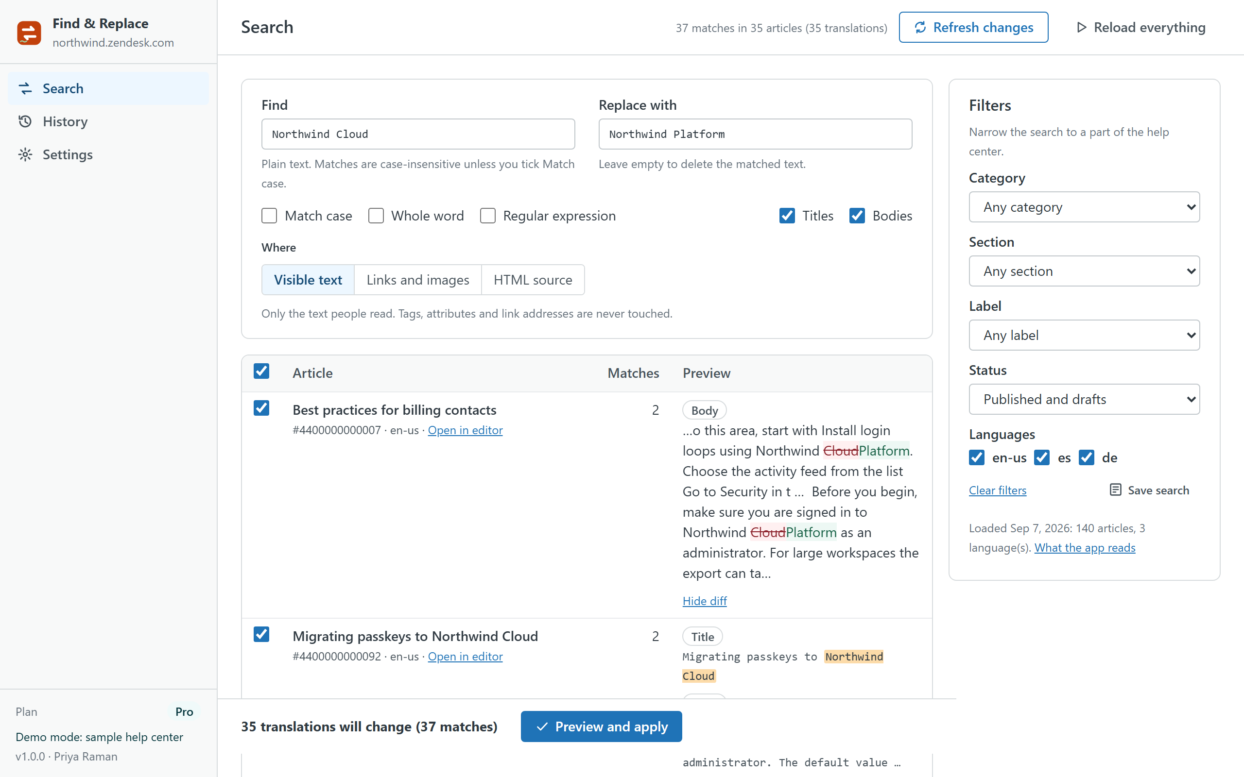 The Search screen: query, options and filters on top, matching articles with context and diff below