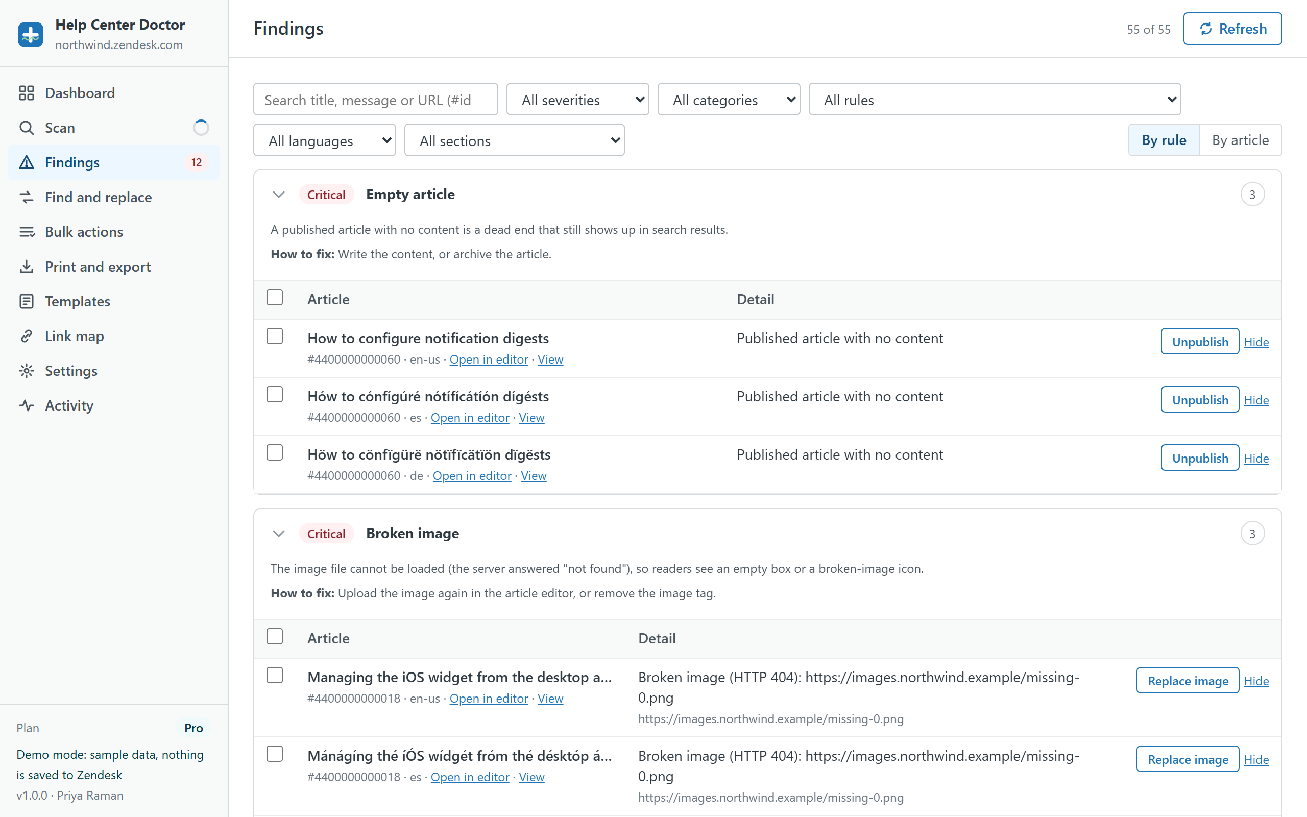 Findings screen grouped by rule: Empty article (critical, 3) with Unpublish buttons and Broken image (critical, 66) with Replace image buttons, plus filters for severity, category, rule, language and section