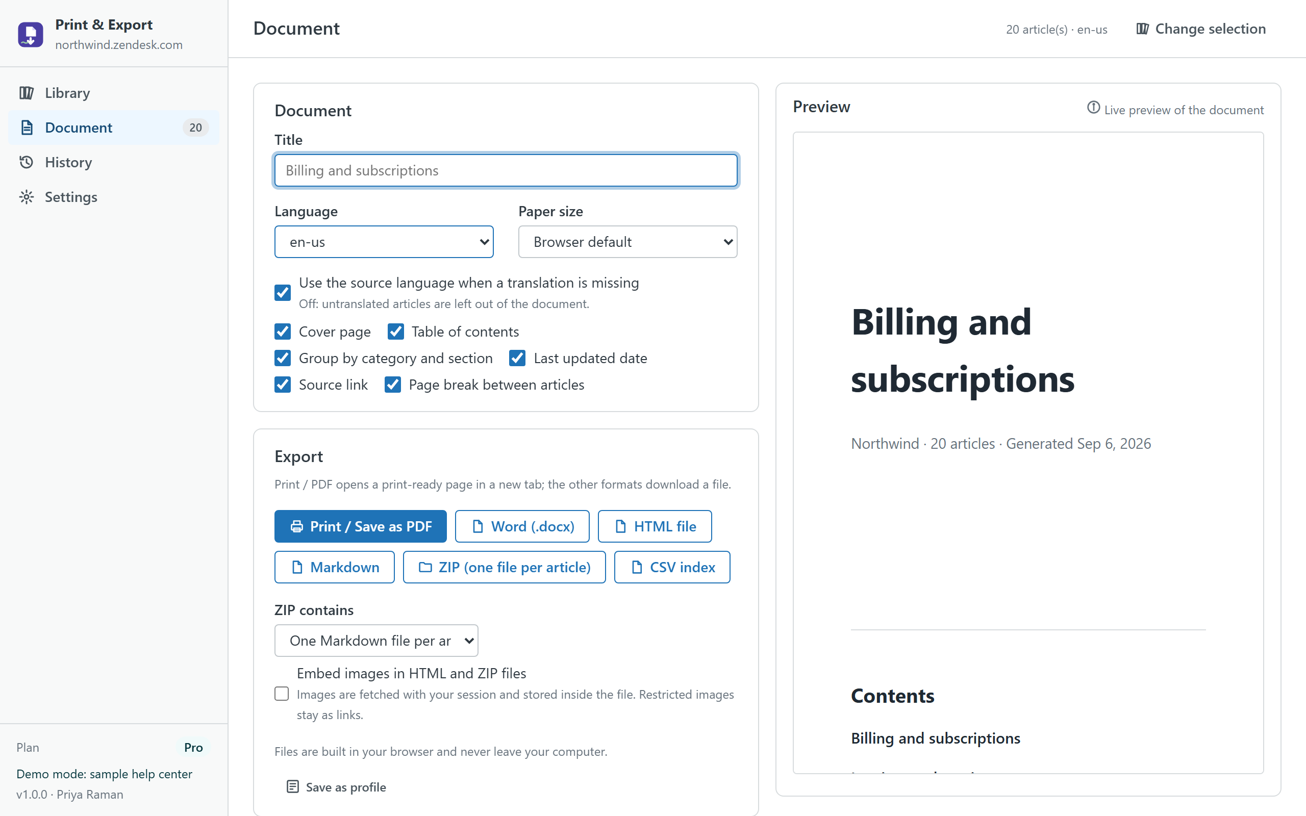 The Document screen: options on the left, a live preview of the cover page and contents on the right