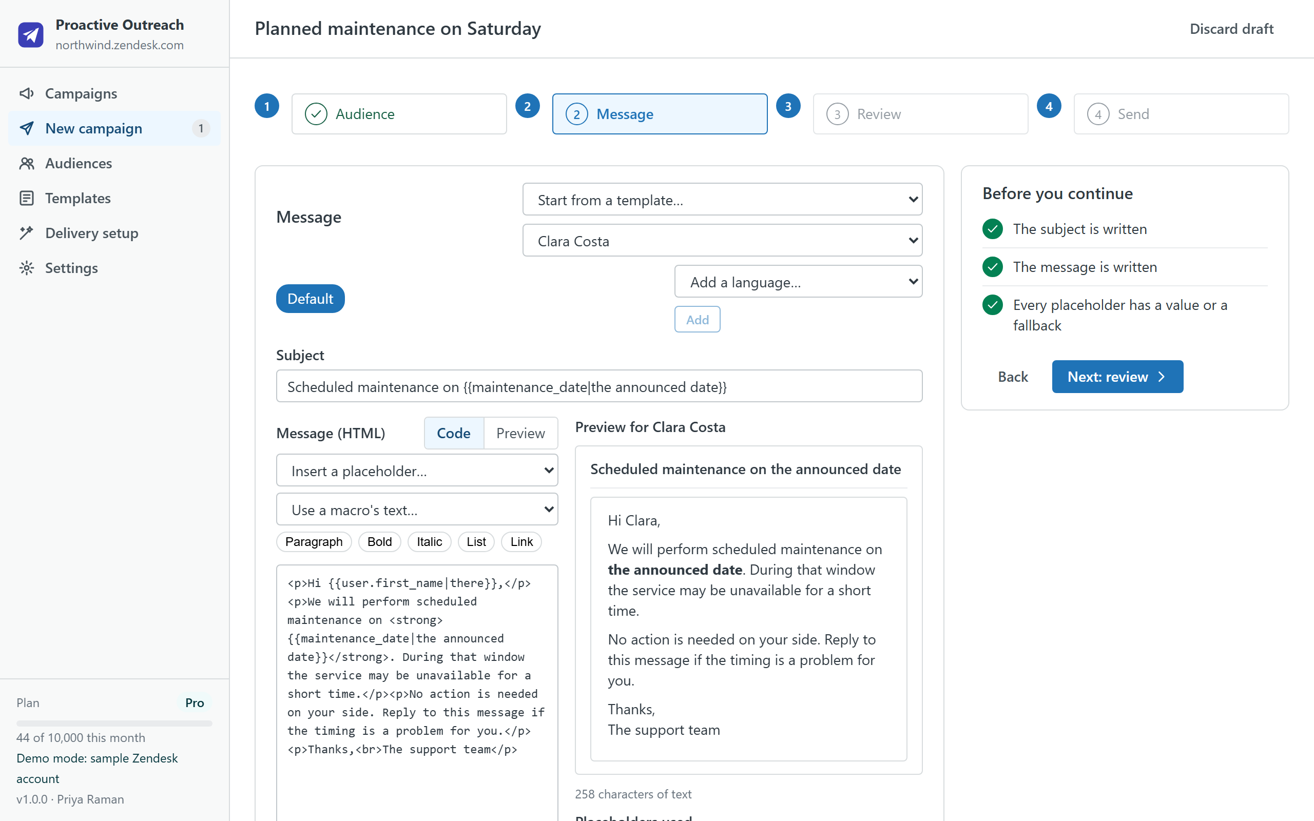 The message step: subject and HTML body with placeholders, the template and macro pickers, and a preview rendered for one recipient