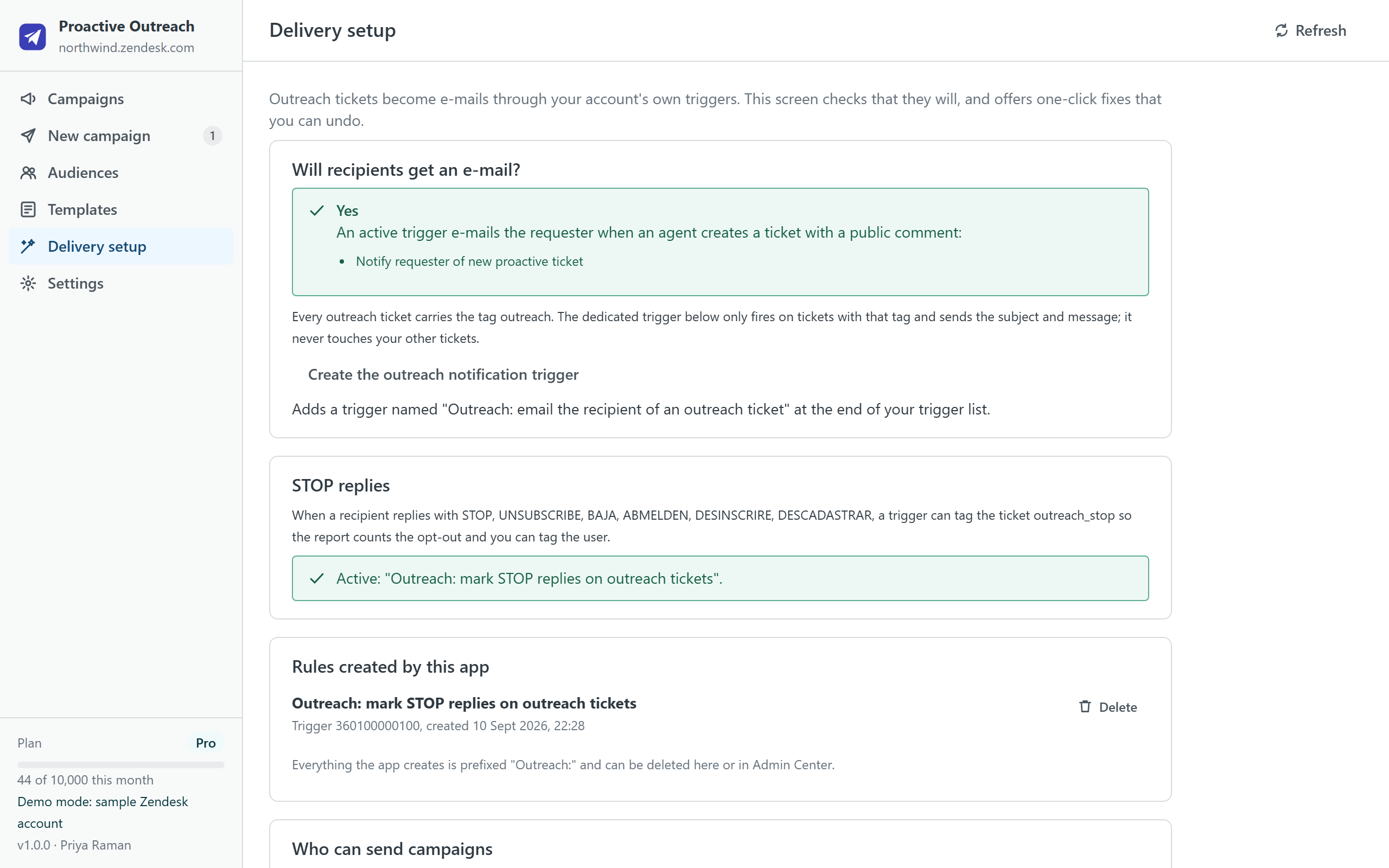 The Delivery setup screen: the notification trigger detected, the STOP trigger created by the app, who may send, and the guard-rail settings