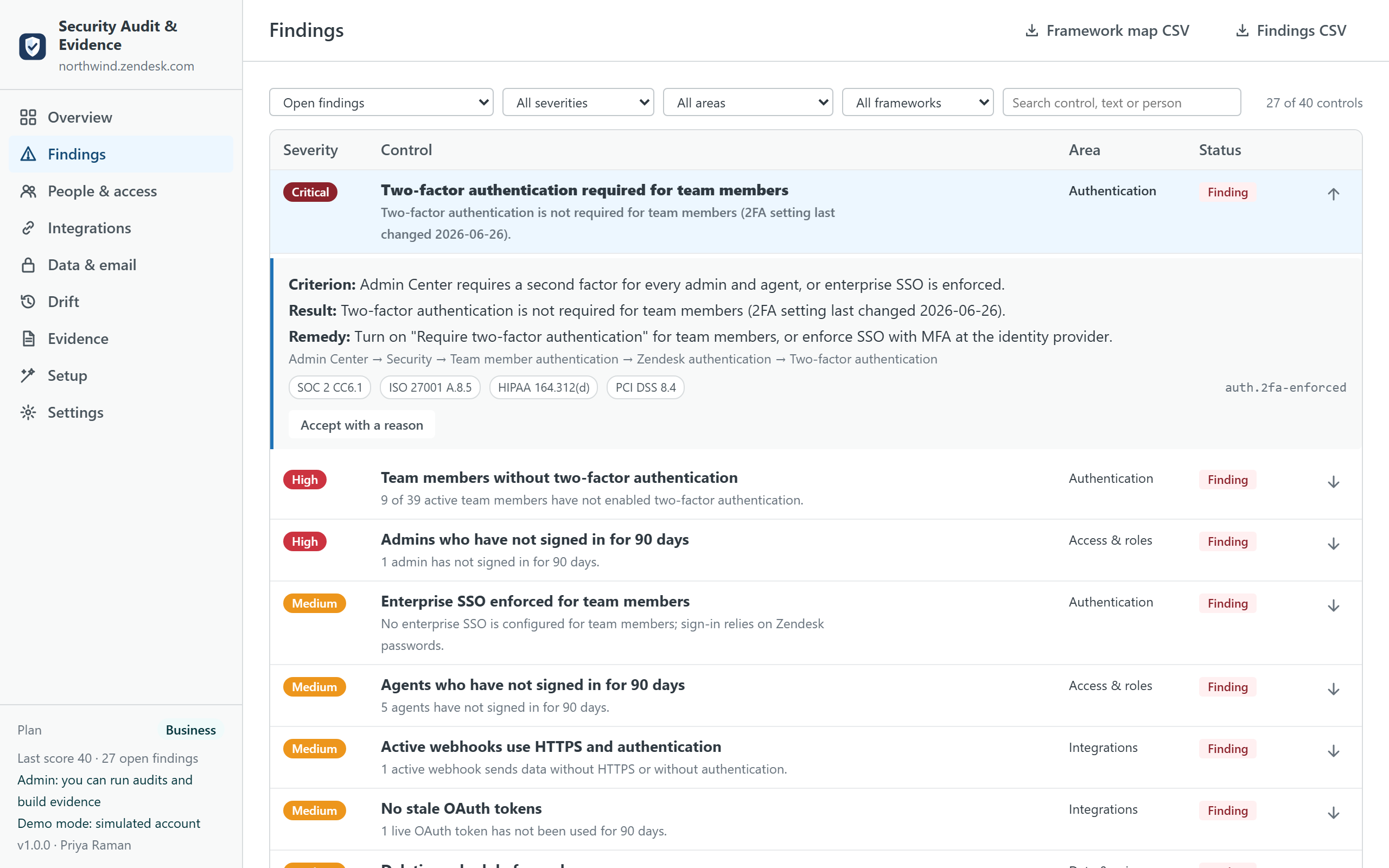 The Findings screen: open findings with severity tags, area and status, one expanded with the criterion, the result, the remedy, the Admin Center path and the SOC 2, ISO 27001, HIPAA and PCI DSS references