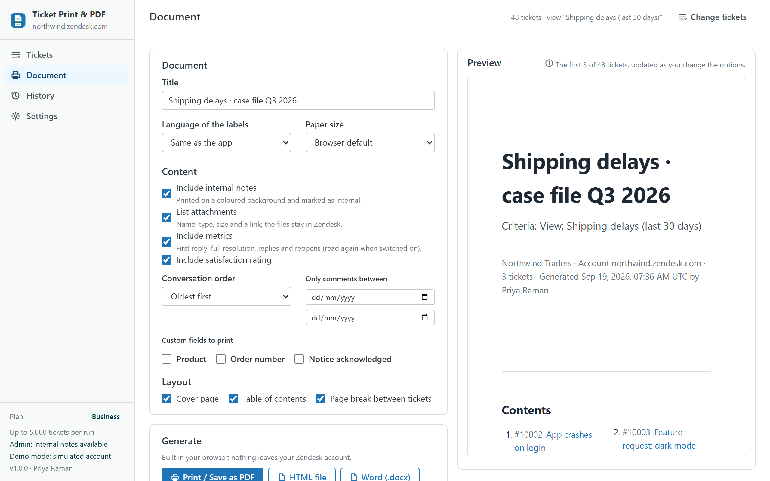 The document builder in Ticket Print & PDF: options for internal notes, attachments, metrics, custom fields, date range, cover and contents on the left, format buttons for PDF, HTML, Word, ZIP and CSV, and a live preview of the first tickets with a cover page and a table of contents on the right