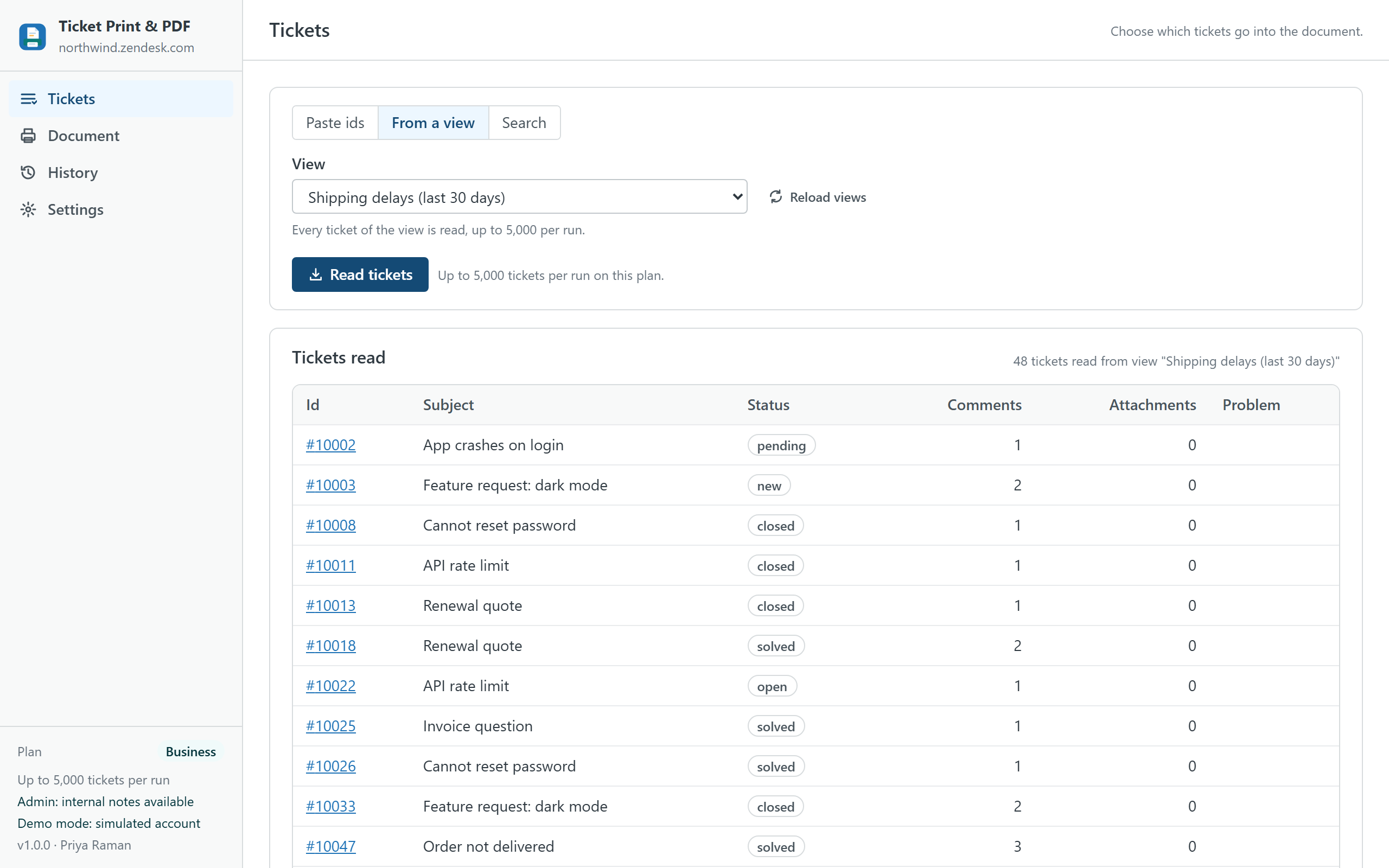 Tickets read from a view in Ticket Print & PDF: the view picker, the count, the progress and a table with id, subject, status, comments and attachments per ticket